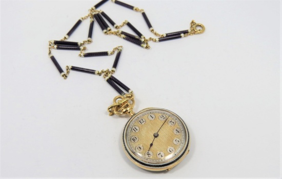 18K Yellow Gold Enamel Vulcain Pocket Watch and Chain
