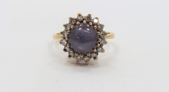 Blue Grey Star Sapphire and Diamond Ring