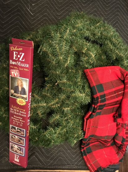 4 pine wreaths, bow maker in box and red plaid table cloth