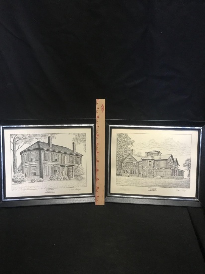 Framed Sketches of Presidents Homes Signed By Artist
