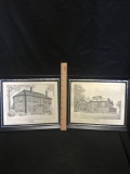Framed Sketches of Presidents Homes Signed By Artist