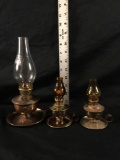 Three Metal Base Miniature Oil Lamps