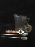 Vintage Glass Pitcher With Assorted Bartending Tools