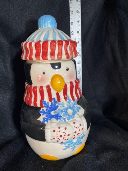 Penguin Holding Snowflakes Cookie Jar