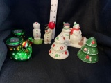 Four Shaker Sets Trees/Elf Shoes/Snowmen On Sled/Snowmen Holding Bulbs