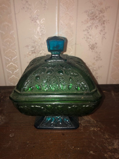 Vintage Green Lidded Candy Dish