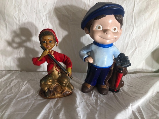 Wood Boy Playing Instrument Statuette And Boy Golfer