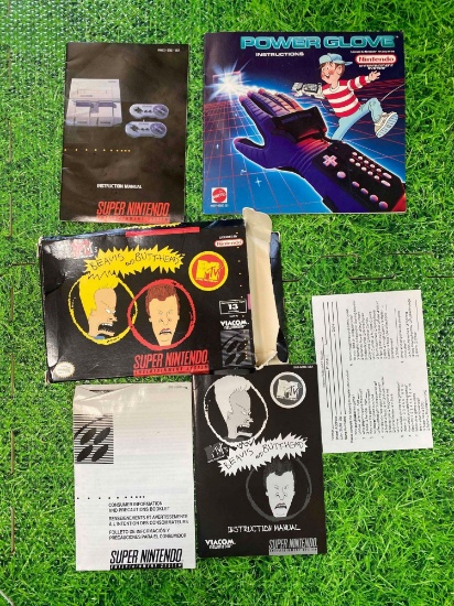 Super Nintendo manual, Beavis and Butt-Head box and manual, powerglove manual