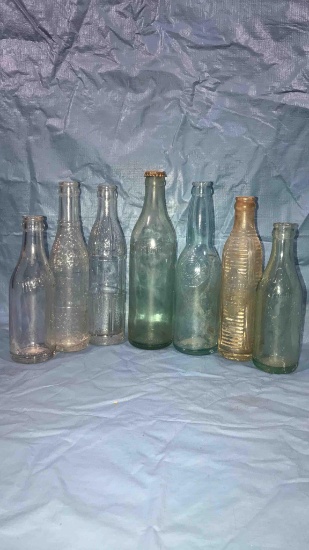 7 Vintage Local Blue Glass Soda Bottles