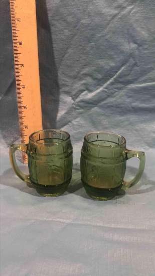 2 Vintage Green Glass Whiskey Barrel Shot Glasses