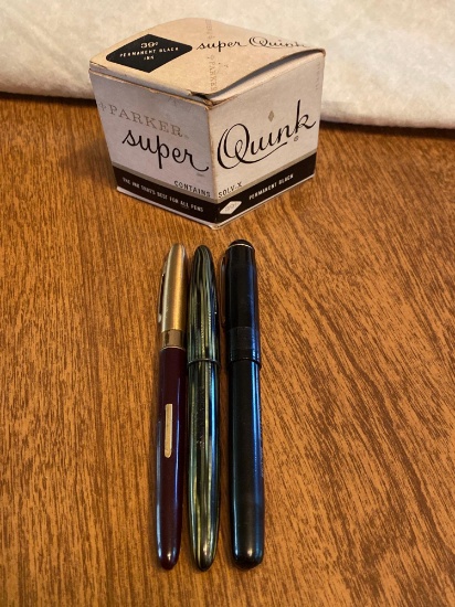 Three Assorted Fountain Pens With Inkwell
