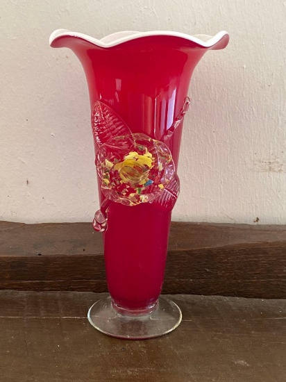 Two Tone Vase With Hand Blown Decorative Rose