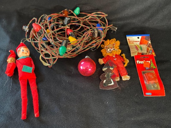 Vintage Christmas Light String With Elf On The Shelf & Misc.