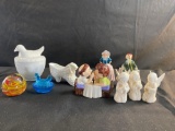 Milk Glass With Figurines & Misc.