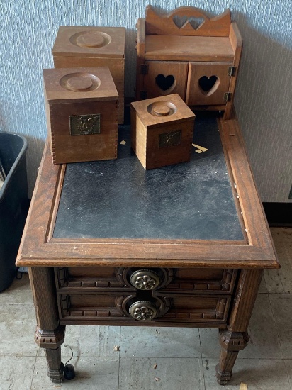 Leather Top Side Table With Wooden Canisters I Small Shelf