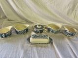 Currier and Ives Blue Sugar Bowls, Creamers, Butter Dish and Cups