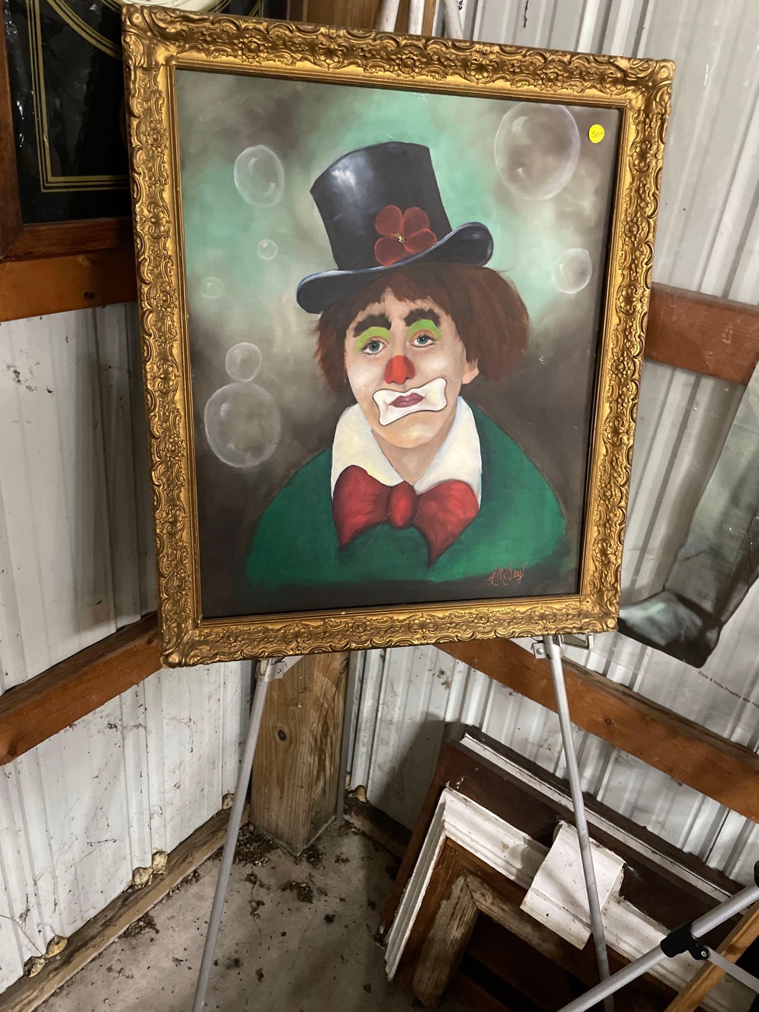 Signed Sad Clown Painting With Stand | Proxibid