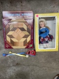 Wooden Block Puzzle New, Vintage Crane Toy and Doll