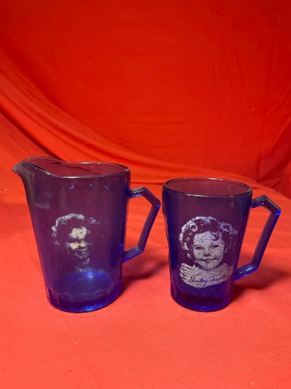 Vintage Blue Shirley Temple Glass and Creamer