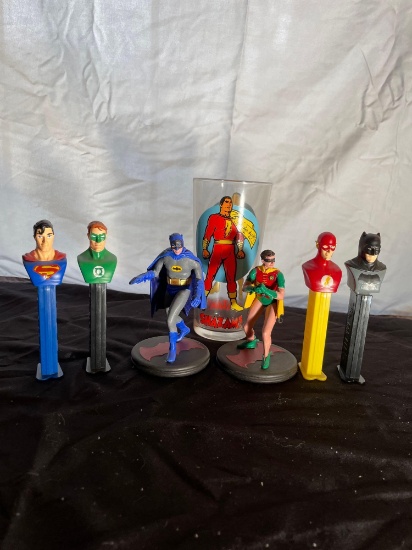 DC Comics Figures, Pez Dispensers, and Glass