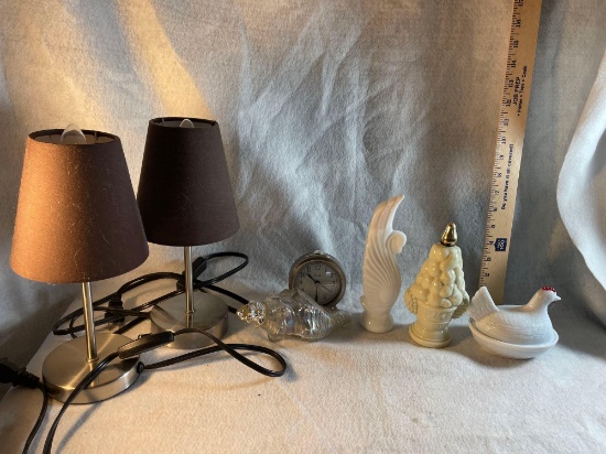 Vtg Nesting Hen, Cologne Bottles, Alarm Clock, Glass Shell and Mini Lamps
