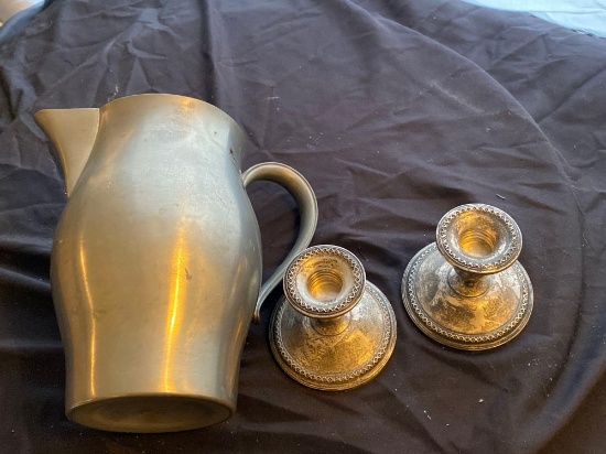 Sterling Weighted Candle Sticks With Pewter Pitcher