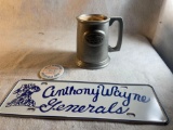 Vtg Waterville Ohio Pewter Mug, Metal Generals Sign and Roche De Beouf Pinback