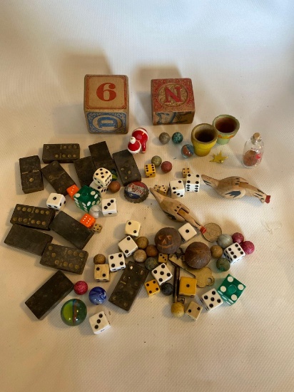 Vintage Wooden Toys With Dice & Wood Dominos