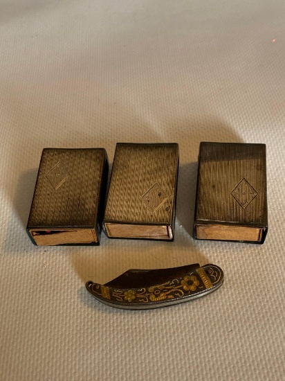 Three Antique Sterling Silver Matchbox Protectors With Small Folding Knife