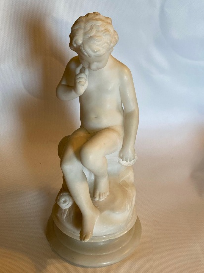 Vintage Alabaster Statuette Thinking Boy On Stand