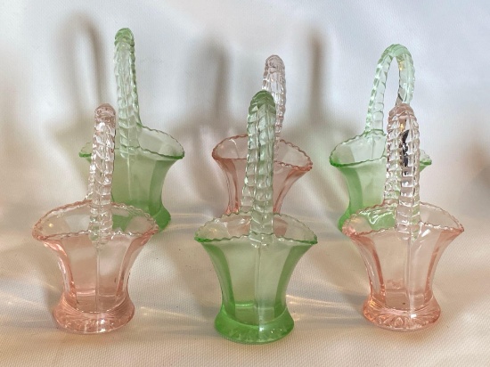 Six Pink & Green Depression Glass Baskets