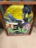 vintage stained glass birds window wood frame