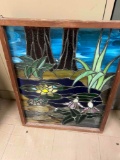 vintage stained glass nature scene wood frame
