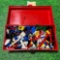 large red tackle box of vintage small piece legos 8-10 lbs