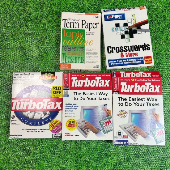CIB boxes of floppy disc turbo taxes and crossword puzzles vintage