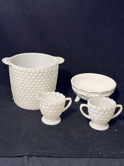 Hobnail Milk Glass Ice Bucket With Misc. Milk Glass