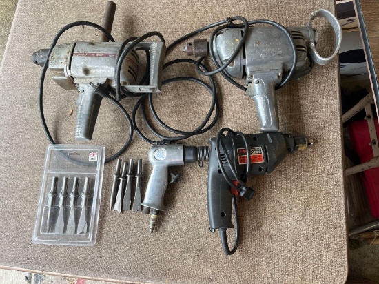 Assorted Corded Drills, Air Tool and Bits