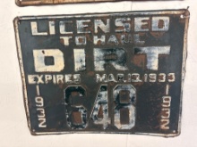 1932 License To Haul Dirt Plate