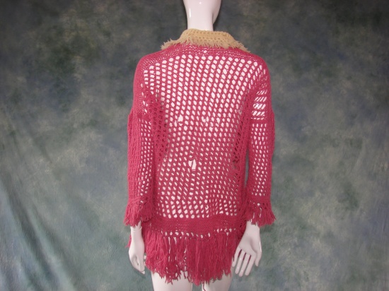 Vintage 1930s Ladies Pink And Cream Hand Knitted Sweater With Fringe