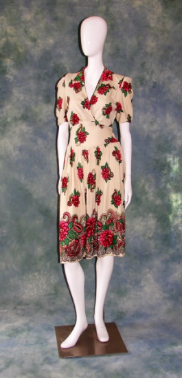 Vintage 1930s Ladies Polychrome Floral Day Dress With Puff Sleeves