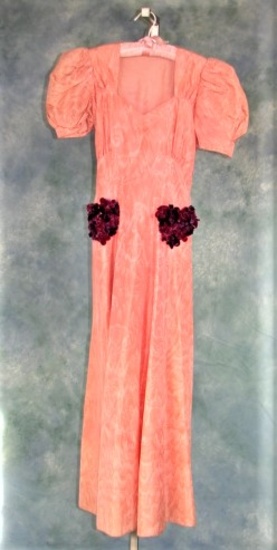 Vintage 1930s Ladies Long Pink Taffeta Moirã© Gown Bias Cut With Velvet Petal Pockets
