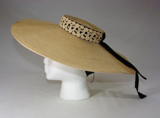 Vintage Ladies 1940s Cartwheel Tilt Hat With Blue Grosgrain Ribbon And Lace