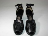 Vintage Ladies Black Leather Shoes Peep Toe Heels