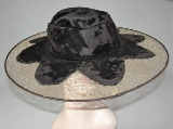 Edwardian Ladies Black Velvet And Gold Silk Lace Wide Brimmed Hat