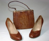 Vintage Ladies 1950s Brown Handbag And High Heels By Palizzio New York Lizard Look