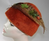 Vintage 1950s Ladies Brushed Felt Hat With Pheasant Feathers By Henry 5th Ave. N.y.