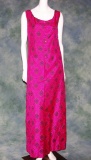 Vintage 1960s Ladies Raw Silk Patterned Hot Pink Maxi Dress