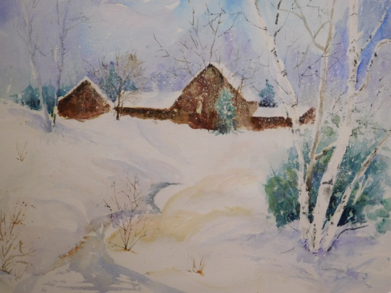 Angelina Wood:  Winter Snow watercolor Dimensions: 30 x 38" frame.