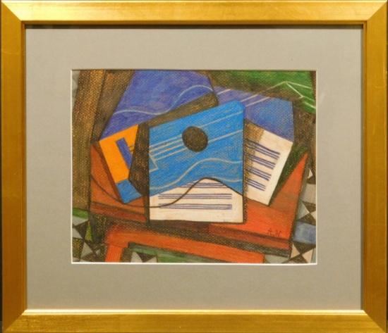 After Metzinger: Cubist Composition with Blue Guitar and Sheet Music.
