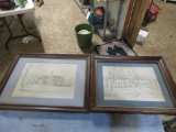 2 Vintage Pencil Sketches by CH Overly 16x13, 18x14
